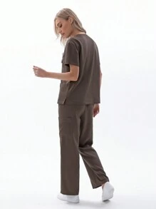 TaskEZ Women Scrub Uniforms Scrub Uniform Set With Top And Large Pockets Pants - Coffee Brown - View 2