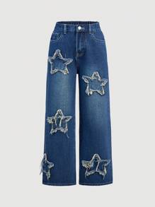 Jeans rectos de pierna ancha con parches de estrellas estilo bohemio Y2K desgastados y deshilachados para niña preadolescente en primavera y verano - Azul lavado oscuro - Ver 1