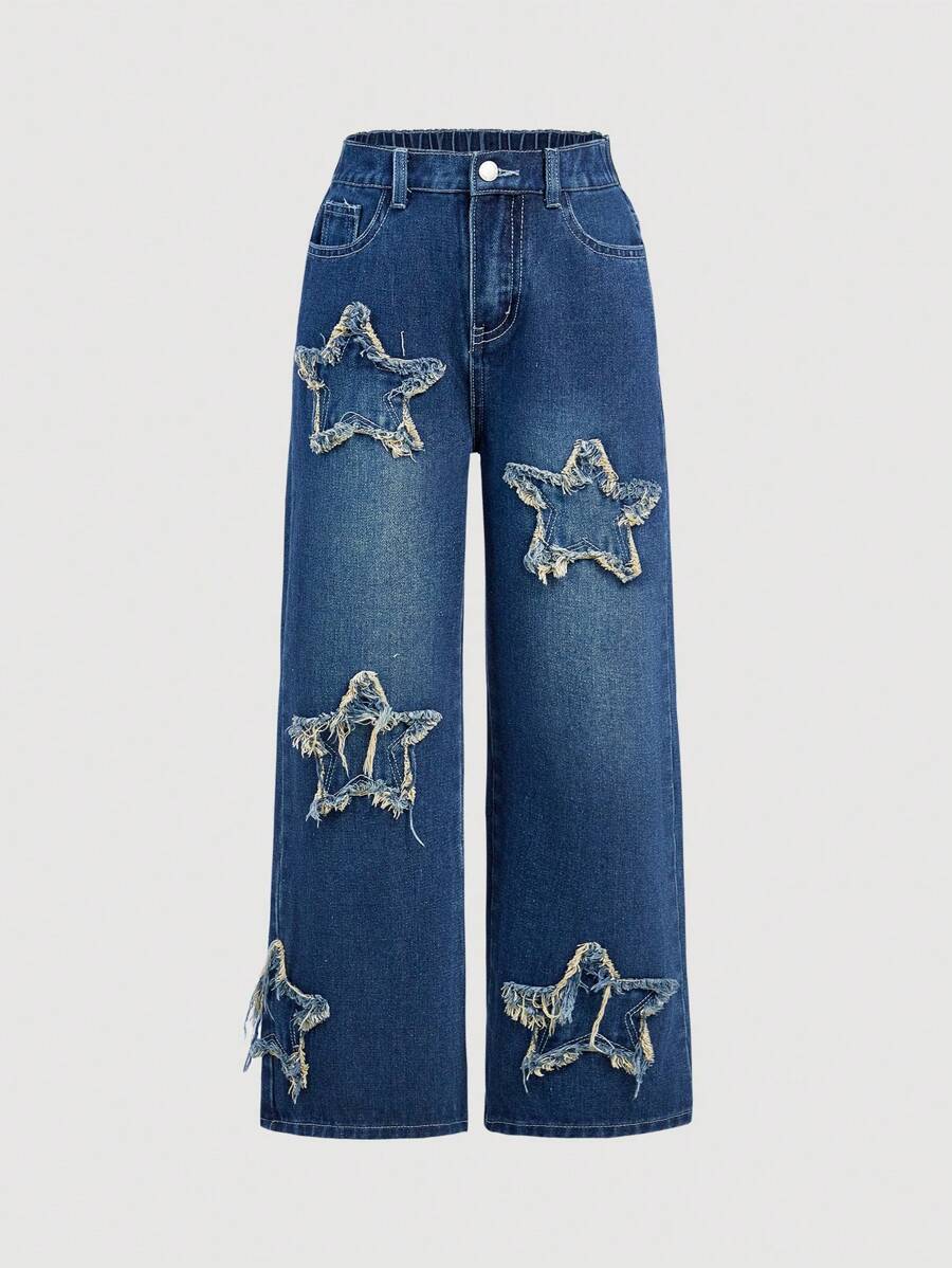 Jeans rectos de pierna ancha con parches de estrellas estilo bohemio Y2K desgastados y deshilachados para niña preadolescente en primavera y verano - Azul lavado oscuro - Ver 1
