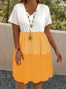 EMERY ROSE Vestido de verano para tallas grandes con rayas y puntos en el escote en V y dobladillo con volantes en manga corta - Amarillo - Ver 1