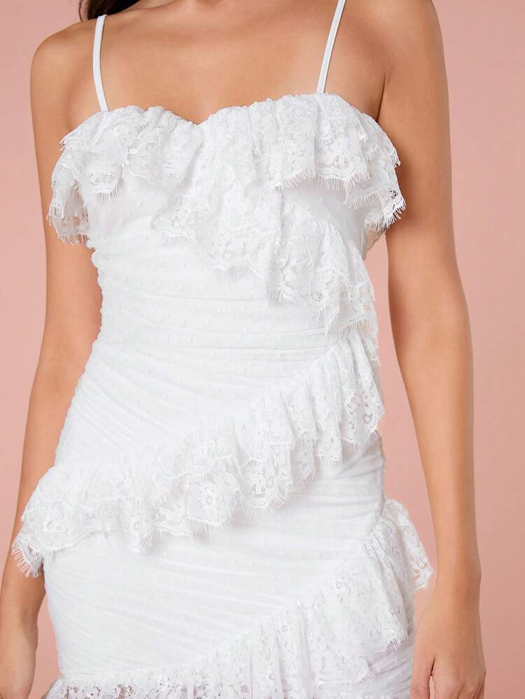 Women's Summer Elegant Solid Color Lace Ruffle Trim Bodycon Slip Dress