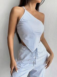 Flirla 女式条纹印花简约不对称日常上衣 - 白色 - 查看 4