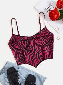 SHEIN EZwear 女士夏季非對稱領斑馬紋粉色背心上衣 - 玫紅色 - 查看 1
