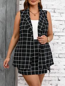 SHEIN Clasi Conjunto de chaleco sin mangas y falda a cuadros en blanco y negro de talla grande - Blanco y Negro - Ver 4