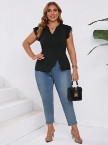 SHEIN Clasi Elegant And Romantic Plus Size Women's Top With Flounce Hem And Side Slit, Summer