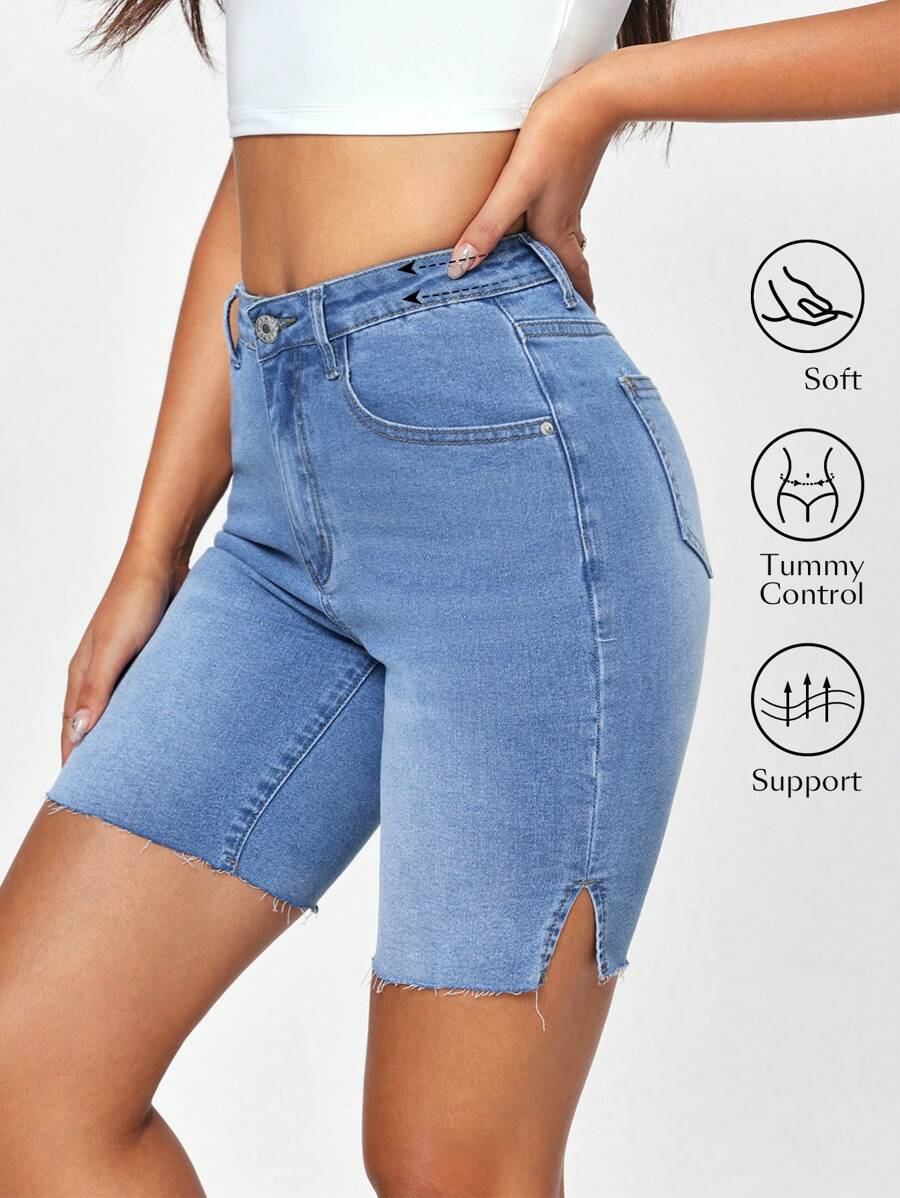 SHEIN EZwear 實色修身牛仔短褲，附帶口袋和側開衩，夏季休閒款 - 中等水洗藍 - 查看 1