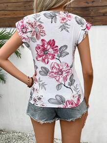 SHEIN Frenchy T-shirt décontracté d'été à manches courtes à encolure ronde imprimé floral pour femmes - Multicolore - Voir 2