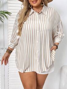 SHEIN CURVE+ Áo sơ mi nữ sọc dài tay cỡ lớn, áo mùa hè dễ thương, quần áo nữ mùa hè, áo sơ mi sọc mơ, áo sơ mi thường ngày tươi mới, cài cúc, áo sơ mi che phủ, nhẹ và thoáng khí làm từ chất liệu xanh, thích hợp cho kỳ nghỉ đi chơi, thường ngày - Nhiều màu - Xem 7