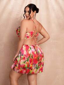 SHEIN BAE Plus Size Women's Satin Printed Spaghetti Strap Backless Tie Mini Dress, Perfect For Summer Vacation, Parties And Romantic Dates