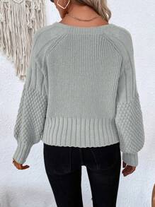 SHEIN LUNE Women's V-Neck Solid Color Lantern Sleeve Casual Cardigan - Light Grey - View 2