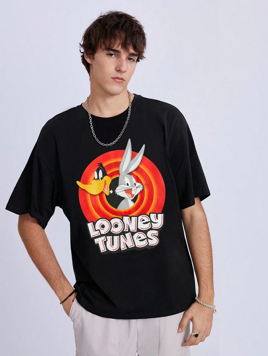 LOONEY TUNES X SHEIN Áo thun ngắn tay in chữ và hoạt hình thường ngày cho nam, mùa hè - màu đen - Xem 1