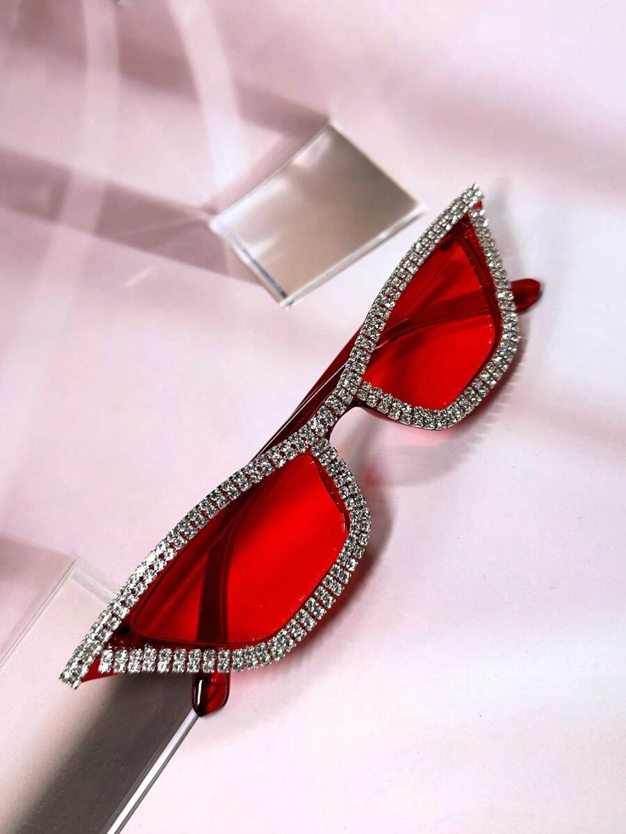 015068863-0007-17077 1 pieza Gafas de ojo de gato con marco rosa, decoración de cristales y strass, de lujo para fiestas y festivales. Lindo y de moda, adecuado para fiestas con temática. (Incluye paño de limpieza) Gafas de novia blancas/Accesorio de boda, San Valentín, para verano, playa, al aire libre, viajes