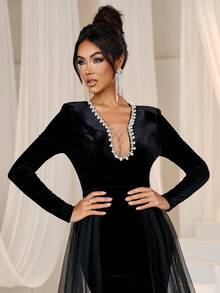 Faeriesty Pearl Decorated Mermaid Hem Mesh Overlay Velvet Formal Dress - Black - View 4