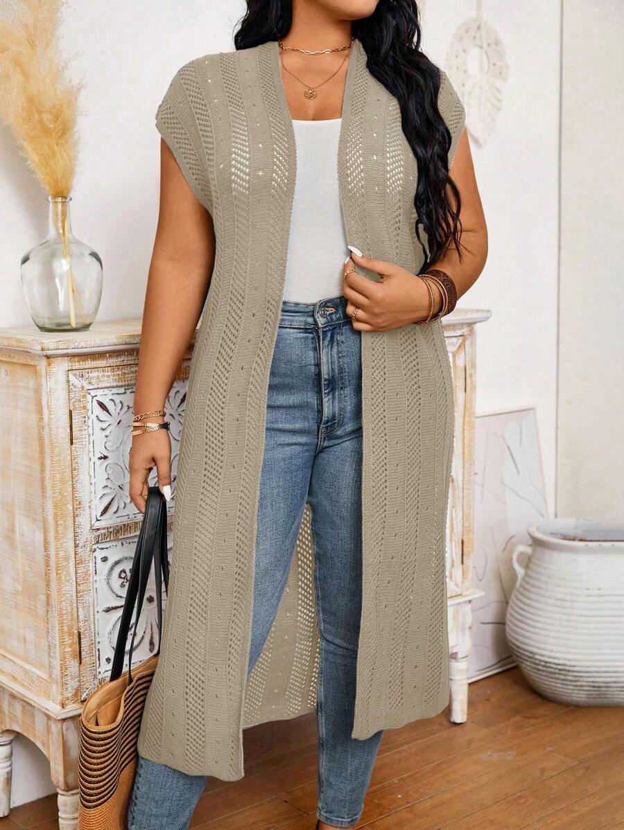 Calvaya Plus Size Women's Solid Color Batwing Short Sleeve Long Casual Cardigan For Summer - Grey - View 1