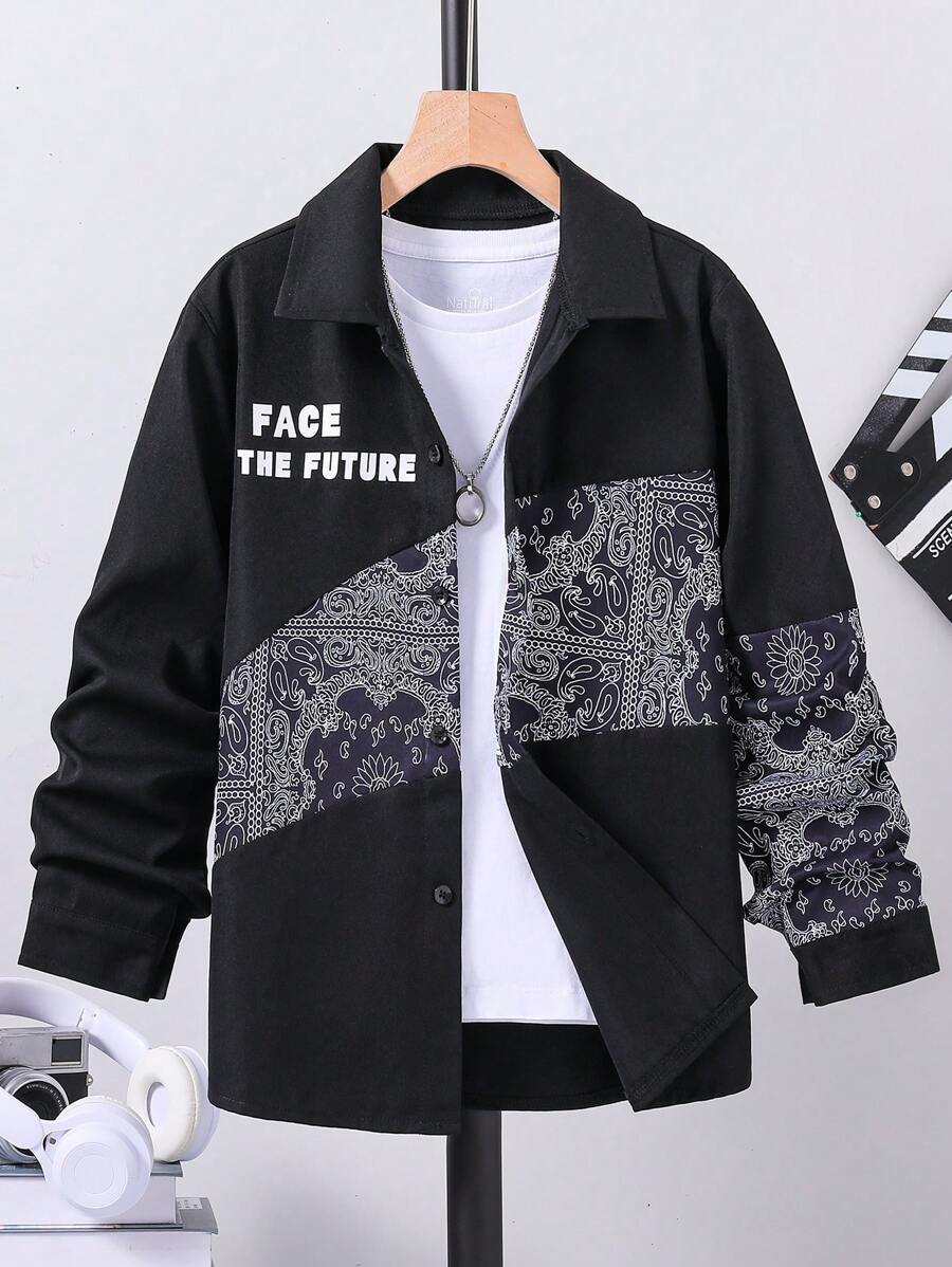 SHEIN BA- Boys' Single-Breasted Casual Long Sleeve Shirt With Print Pattern 05