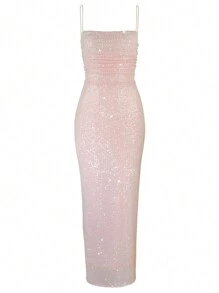 Spaghetti Strap Bust Ruched Back Slit Maxi Dress Party Gown In Pink - Pink - View 7