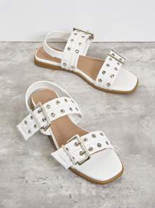 SHUZIA Women's Perfect Replica Square Toe Sandals - Chunky Grommets, Oversized Buckles, Angular Silhouette, Sophisticated + Fearless Punk