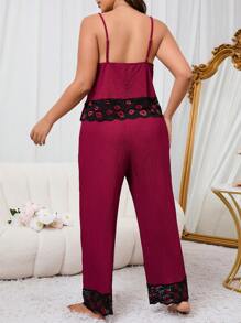 Plus Size Lip Lace Splicing Bubble Fabric Suit - Burgundy - View 2