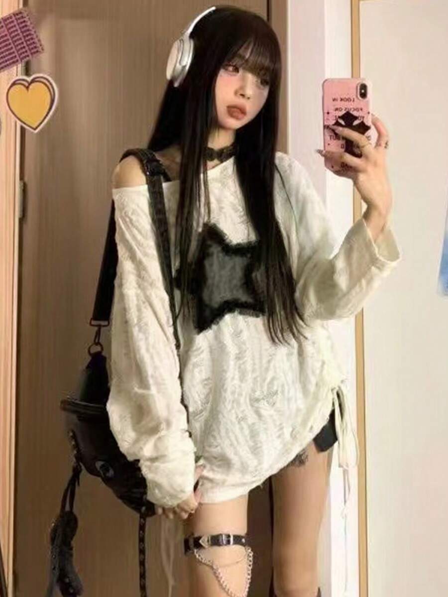 女士春夏寬鬆不對稱領口落肩長袖T恤，帶星星印花 - 杏色 - 查看 1