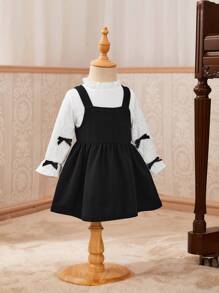 Baby Girl Mock Neck Flounce Sleeve Bow Detail Blouse & Cami Dress - Black and White - View 3