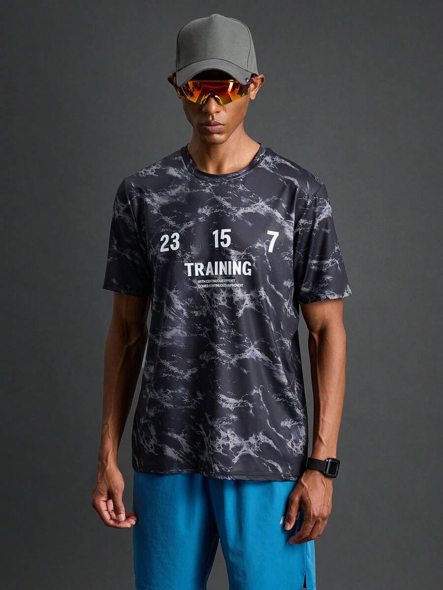 Manfinity Sport Polished Camiseta deportiva de cuello redondo de manga corta con estampado de teñido anudado en estilo de novio para hombres