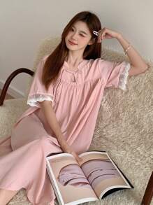 DAZY Chinese Style Round Collar Embroidery Lace Patchwork Homewear Dress Pajama - Pink - View 8