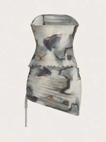 SHEIN ICON Asymmetrical Hem Strapless Top With Adjustable Waist Tie And Skirt Set