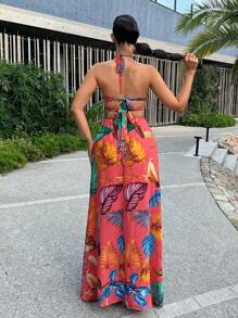 SHEIN SXY Vestido largo y sexy para mujer con tirantes, corte de abertura, lazo y estampado de hojas rojas