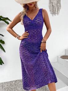 Hollow Out V-Neck Sleeveless Knitted Coverup Dress For Vacation - Purple - View 6