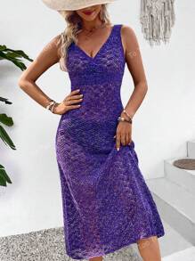 Hollow Out V-Neck Sleeveless Knitted Coverup Dress For Vacation
