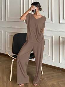 Livesso Bộ đồ ngủ đơn giản, rộng rãi, màu trơn, thường ngày - Màu Khaki - Xem 5