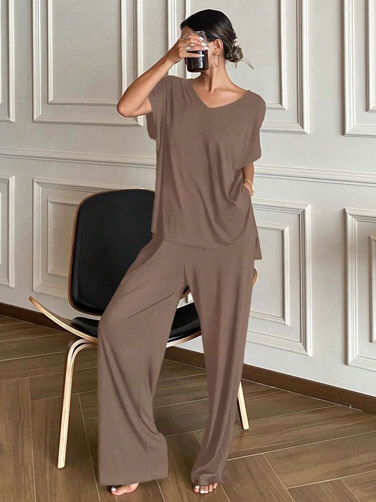 Simple Loose Solid Color Casual Homewear Set, Outfits Pajama