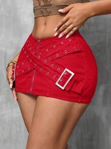 SHEIN SXY Women's Zipper Closure Door Placket Patched Pencil Denim Skirt With High Waist Buckle