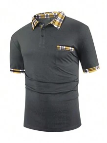 Manfinity Homme Men's Plus Size Color-Block Short Sleeve Polo Shirt, Summer - Grey - View 3