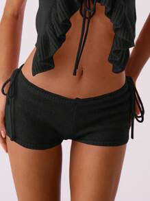 MUSERA Tie Side Knitted Mini Shorts Summer Vacation Beach Festival Boho, Concert,Ibiza, Black Holiday Western Night Out Winter Date Night Party - Black - View 1