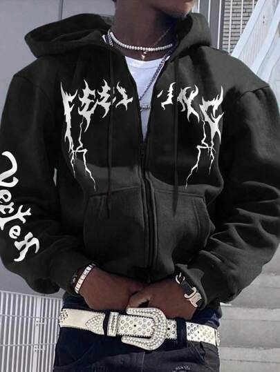 Manfinity LEGND Men Letter Graphic Zip Up Drawstring Going Out Hooded Sweatshirt, Street Wear Zipper Hoodie Black Long Sleeve Hoodie, For Friends, Husband, Boyfriend Gifts, For Fall