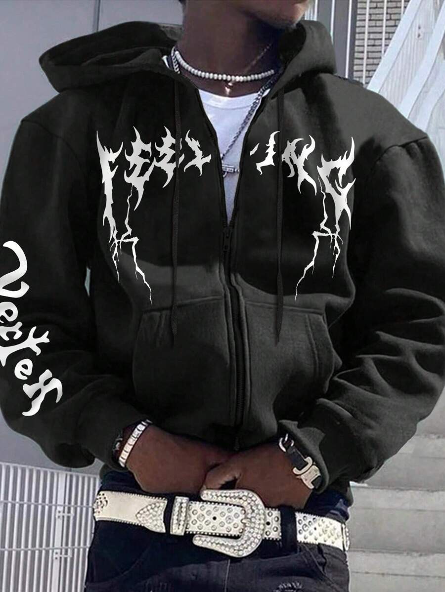 Manfinity Roughcore Áo nỉ trùm đầu có dây rút họa tiết chữ cái cho nam, áo hoodie có dây kéo thời trang dạo phố màu đen, áo hoodie dài tay màu đen, quà tặng cho bạn bè, chồng, bạn trai, cho mùa thu - màu đen - Xem 1