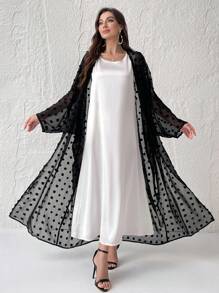 Al Najma Polka Dot Fuzzy Cut Floral Transparent Arabic Abaya Outerwear, Modest Robe - Black - View 6