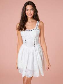 Enchnt Vestido de verano casual para mujer con bordado calado y cinturón ajustado - Blanco y Negro - Ver 7