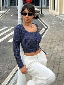SHEIN EZwear Jersey de punto acanalado con aire acondicionado de talla grande de estilo vintage casual en azul oscuro con lunares polka