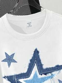 SHEIN EZwear 休閒寬鬆星星圖案圓領短袖女士T恤，適合夏季 - 白色 - 查看 5