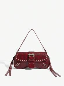 SHEIN X Lucía Bellido SHEIN SXY Fashionable Shoulder Bag With Rivet Decoration For Women And Teenagers, Fashionable Burgundy Bag Valentines