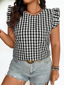 SHEIN Frenchy Plus Size Gingham Print Back-Tied Ruffle Hem Summer Shirt,Back To School Outfits