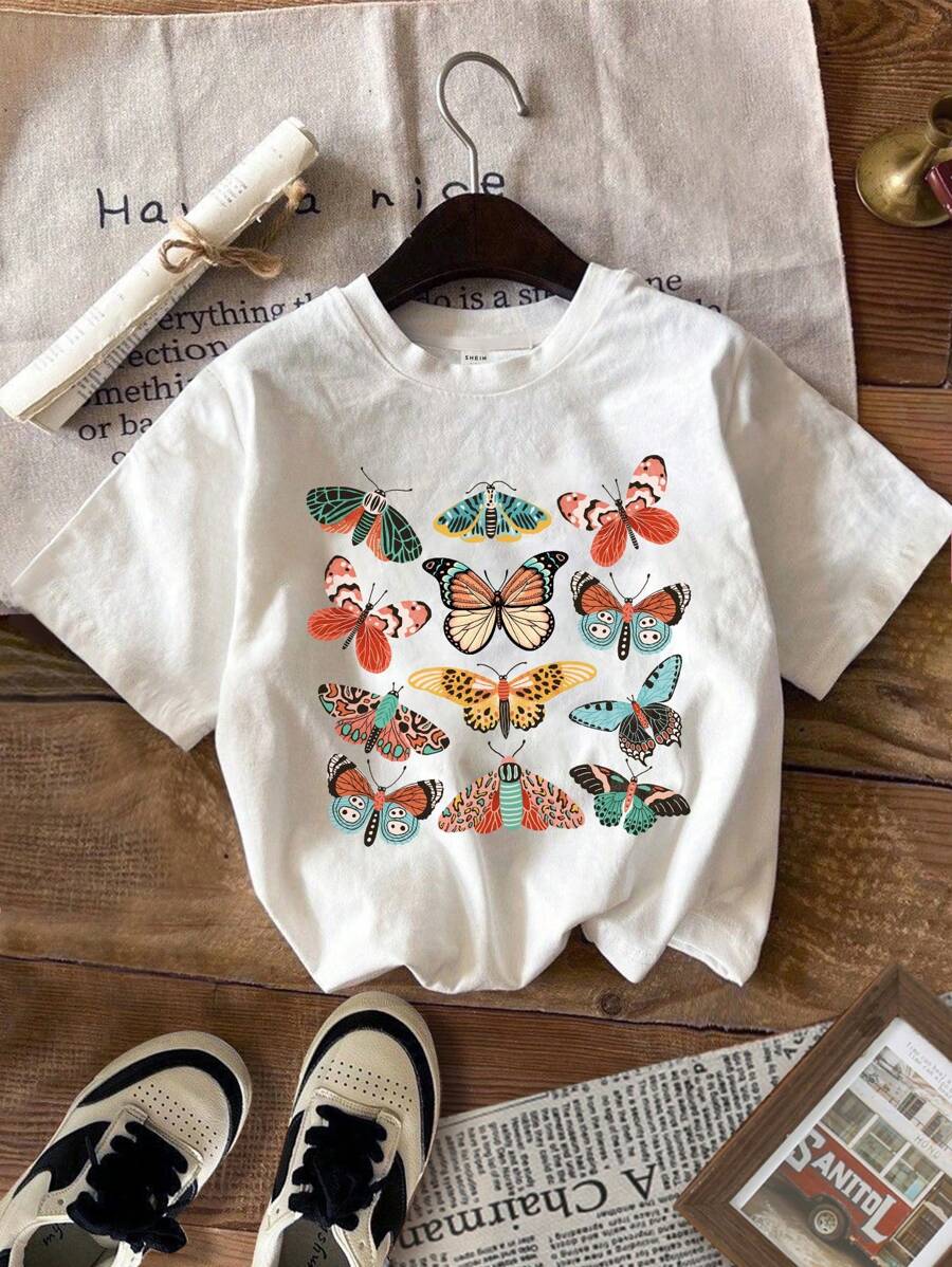 SHEIN Camiseta casual de manga corta con patrón de mariposas retro de los años 90 para niña joven, estilo simple, adecuada para verano - Blanco - Ver 1