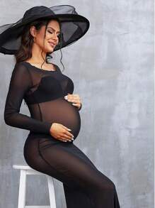 孕妇网状透明性感长袖连衣裙拍摄道具 - 黑色 - 查看 5