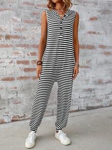 SHEIN LUNE Bộ áo liền quần ngắn tay có mũ trùm đầu có sọc cỡ lớn - Đen và trắng - Xem 2