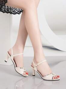 Women's Peep Toe Faux Pearl Decor Strap Block Heel Sandals