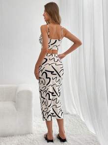 SHEIN Essnce Women's Summer Prints Solid Crop Cami Top & Drawstring Split Thigh Skirt Casual Set 2 Pieces - Multicolor - View 4