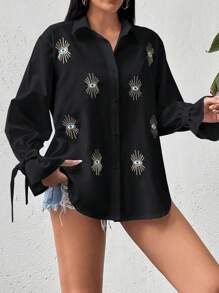 EURMUSE Oversized Devil Eye Sequin Embroidery Long Sleeve Shirt - Hitam - View 5