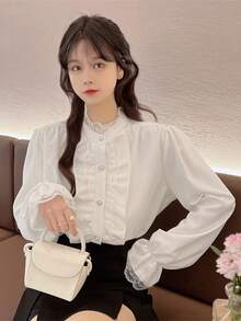 Áo Sơ Mi Tay Dài Viền Ren Viền Ruffle Màu Trơn Thanh Lịch, Xuân/Hè - trắng - Xem 3